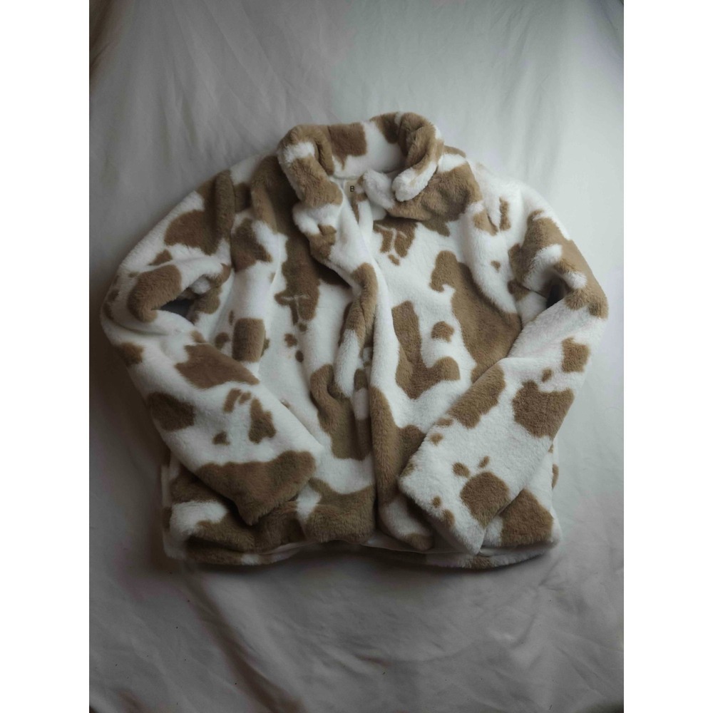 BiB! Jacket Womens Small Brown White Cow Print Fleece Coastal Grandma Casual